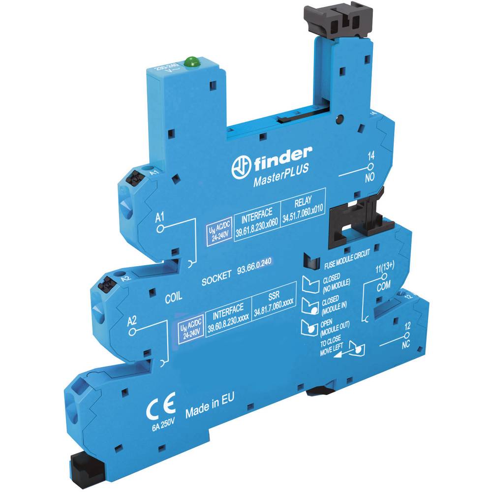 Finder 93.66.0.240 Relaissocket Met houderbeugel, Met LED, Met EMC-ontstoringsschakeling Geschikt voor serie:  serie 34  34.51,  34.81 Tray 1