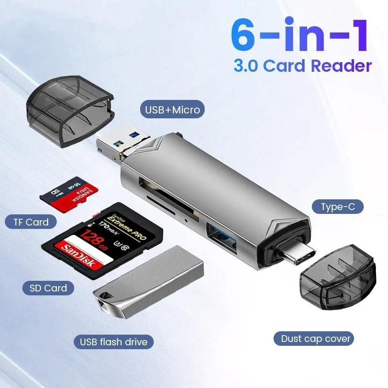Free carnival 6 in 1 kaartlezer USB3.0 naar Type C Micro USB Universele OTG-adapter Multifunctionele adapter SD TF Hoge snelheidsoverdracht 1PCS zilver