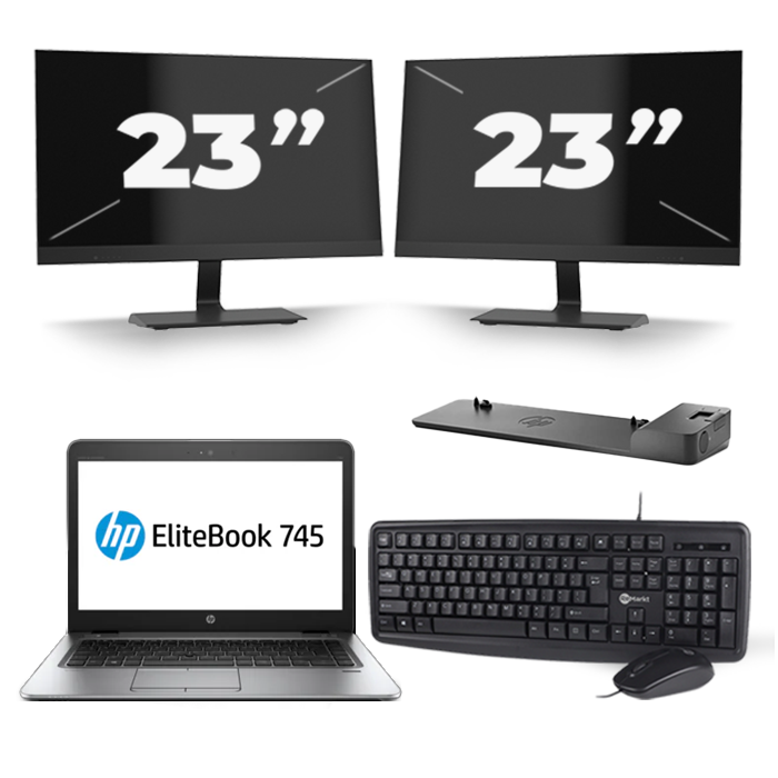 HP EliteBook 745 G4 - AMD PRO A10-8730B - 14 inch - 8GB RAM - 256GB SSD - Windows 11 + 2x 23 inch Monitor