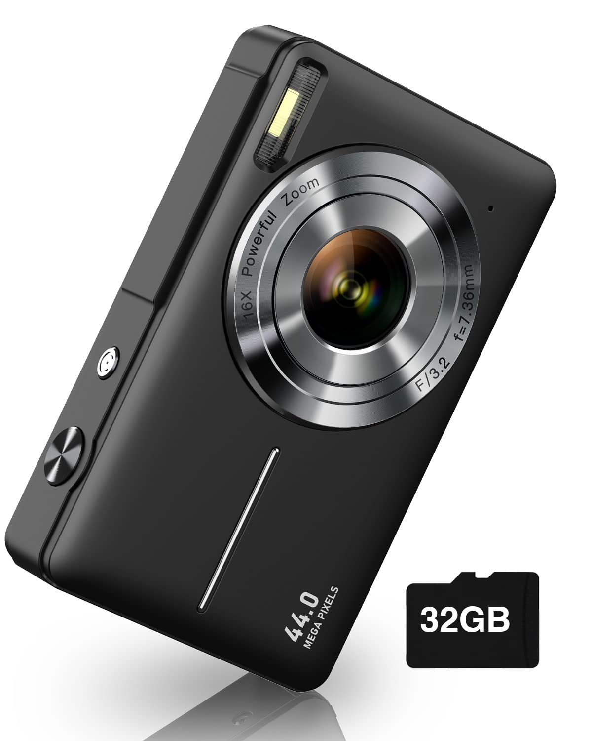 Thanos tool Digitale camera, 1080P kindercamera 44MP point-and-shoot digitale camera met 32GB SD-kaart, 16x zoom, twee batterijen, koord, kleine compacte camera zwart