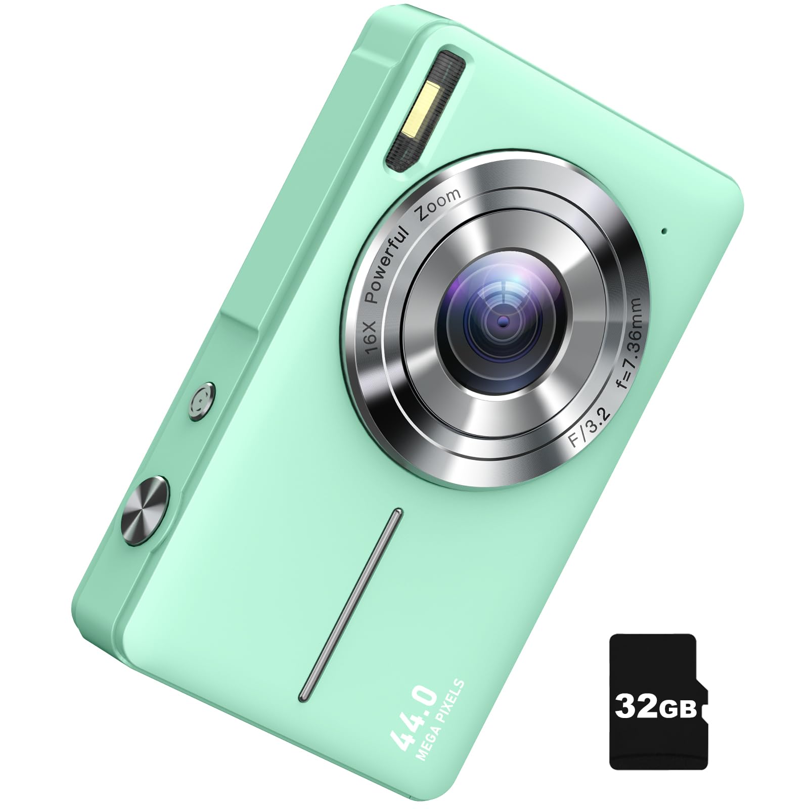 Thanos tool Digitale camera, 1080P kindercamera 44MP point-and-shoot digitale camera met 32GB SD-kaart, 16x zoom, twee batterijen, koord, kleine compacte camera groen