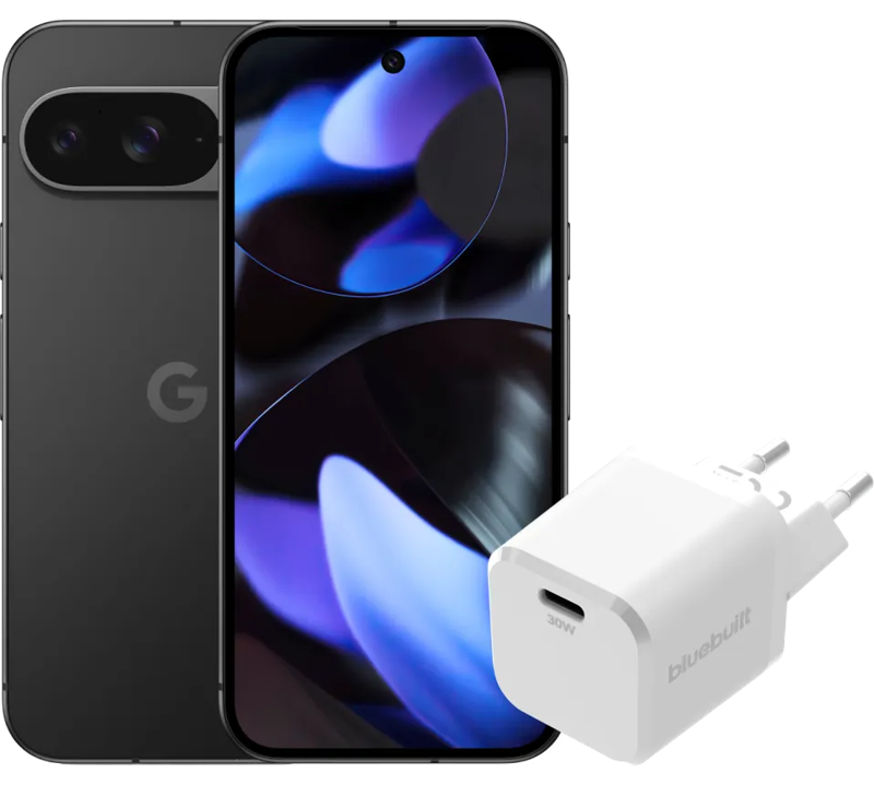 Google Pixel 9 256GB Zwart 5G + BlueBuilt Oplader 30W Wit