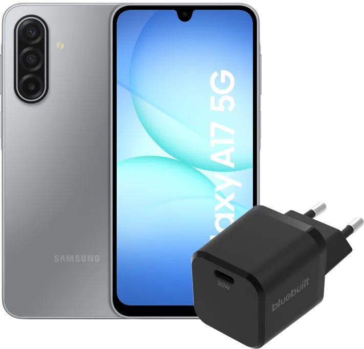 Samsung Galaxy A17 128GB Grijs 5G + BlueBuilt Oplader met Usb C Poort 30W Zwart