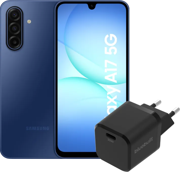 Samsung Galaxy A17 128GB Blauw 5G + BlueBuilt Oplader met Usb C Poort 30W Zwart
