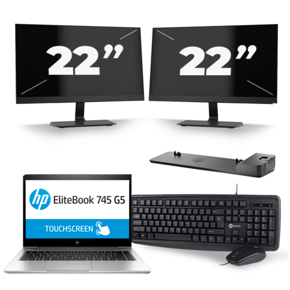 HP EliteBook 745 G5 - AMD Ryzen 5 2500U - 14 inch - 8GB RAM - 256GB SSD - Windows 10 + 2x 22 inch Monitor