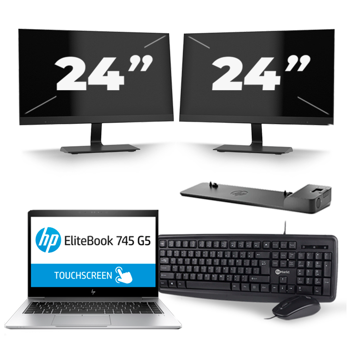 HP EliteBook 745 G5 - AMD Ryzen 5 2500U - 14 inch - 8GB RAM - 256GB SSD - Windows 10 + 2x 24 inch Monitor