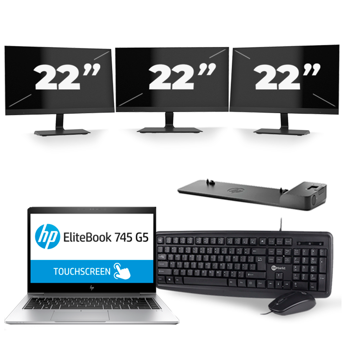 HP EliteBook 745 G5 - AMD Ryzen 5 2500U - 14 inch - 8GB RAM - 256GB SSD - Windows 10 + 3x 22 inch Monitor
