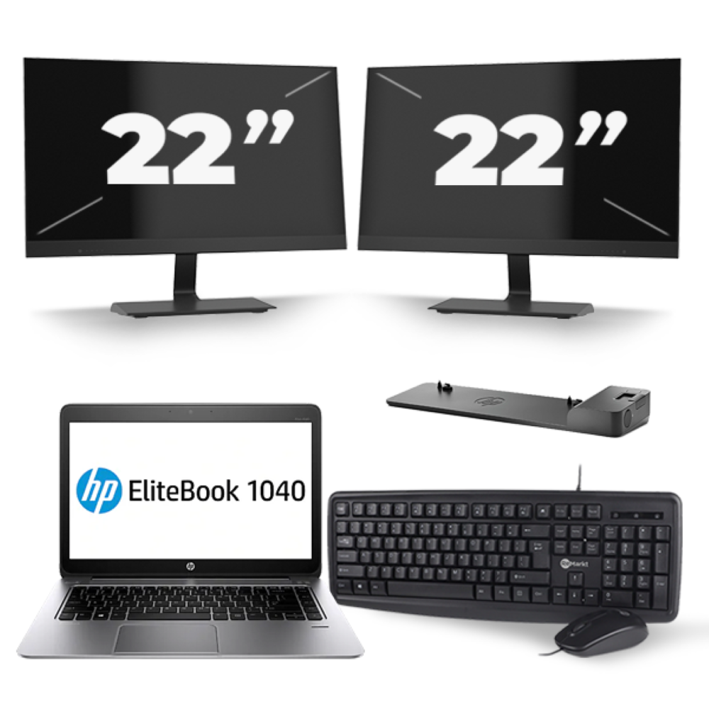 HP EliteBook Folio 1040 G2 - Intel Core i5-5e Generatie - 14 inch - 8GB RAM - 256GB SSD - Windows 11 + 2x 22 inch Monitor
