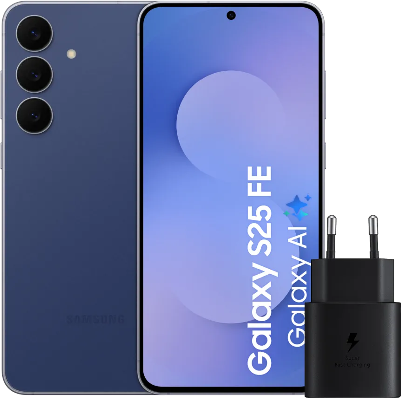 Samsung Galaxy S25 FE 256GB Donkerblauw 5G +  Oplader 25 Watt Zwart