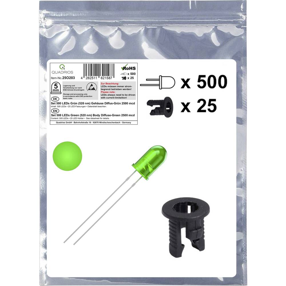 Quadrios 25O203 LED-assortiment Groen Rond 5 mm 2500 mcd 20 mA 3.0 V