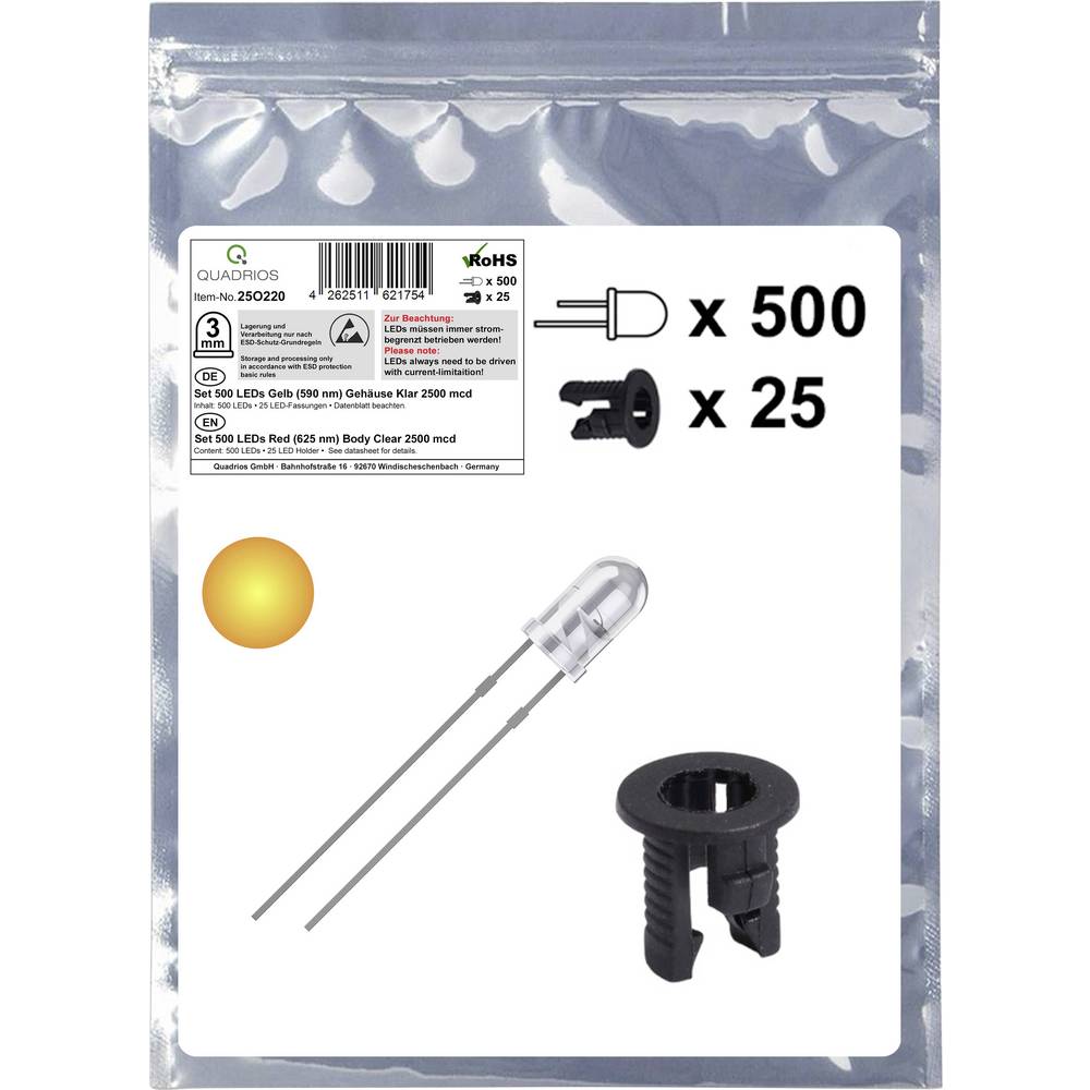 Quadrios 25O220 LED-assortiment Geel Rond 3 mm 2500 mcd 20 mA 2.0 V