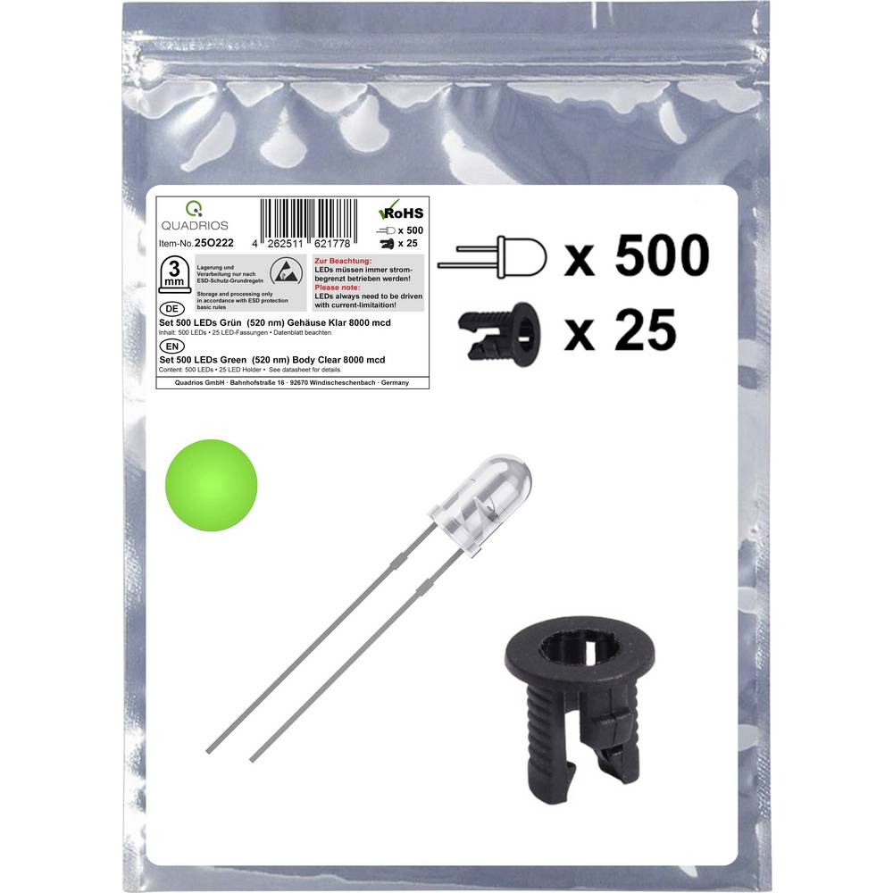 Quadrios 25O222 LED-assortiment Groen Rond 3 mm 8000 mcd 20 mA 3.0 V