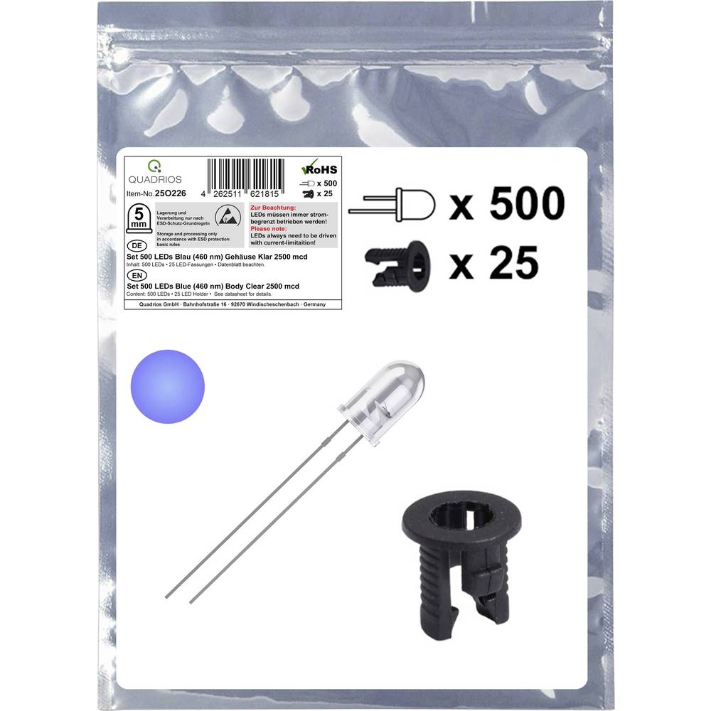 Quadrios 25O226 LED-assortiment Blauw Rond 5 mm 2500 mcd 20 mA 3.0 V