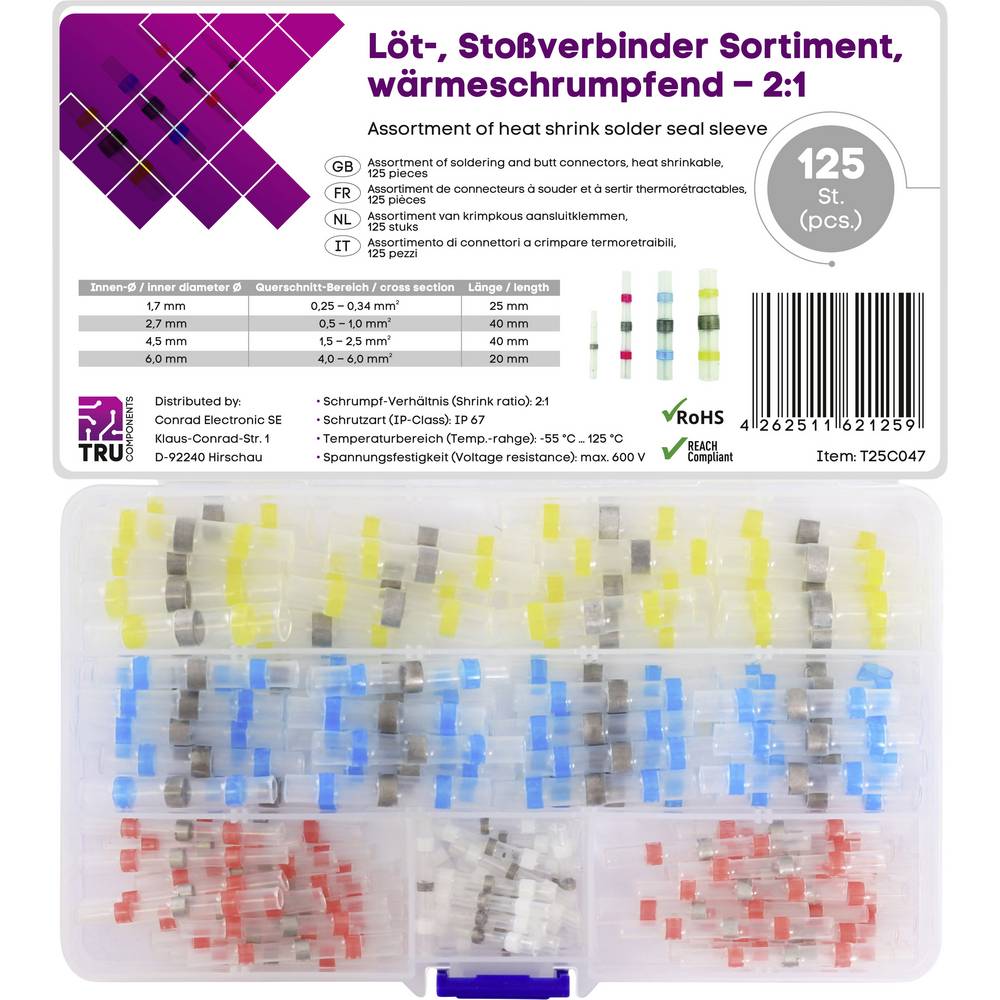 TRU COMPONENTS T25C047 Stootverbinder Met krimpkous 0.25 mm² 6.0 mm² Volledig geïsoleerd Wit, Rood, Blauw, Geel 125 stuk(s)