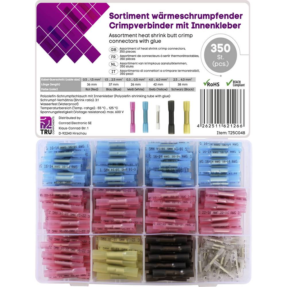 TRU COMPONENTS T25C048 Stootverbinder Met krimpkous 0.3 mm² 6.0 mm² Volledig geïsoleerd Wit, Rood, Blauw, Zwart, Geel 350 stuk(s)