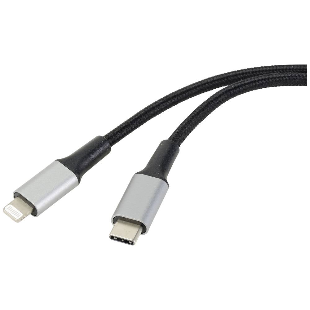 Renkforce USB-C, Apple Lightning Aansluitkabel 2.00 m Kabelmantel van gerecycled materiaal, Extreem robuust gevlochten bescherming, Flexibel, Extreem dun Zwart