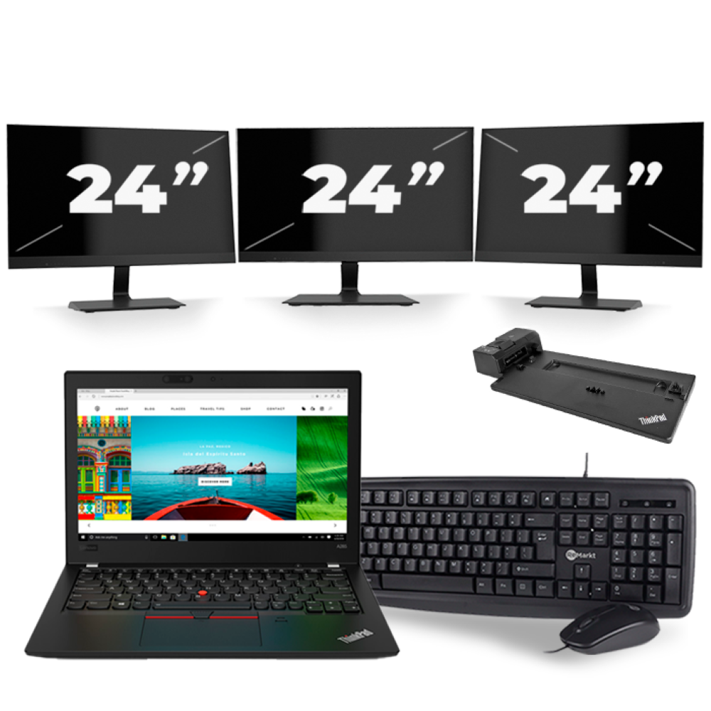 Lenovo Thinkpad A285 - AMD Ryzen 5 2500U - 12 inch - 8GB RAM - 256GB SSD - Windows 10 + 3x 24 inch Monitor