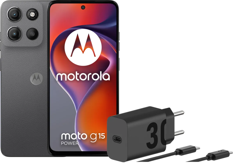 Motorola Moto G15 Power 256GB Grijs 4G +  Oplader 30W Zwart + Usb C Kabel