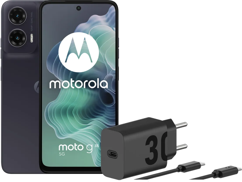 Motorola Moto G35 128GB Zwart 5G +  Oplader 30W Zwart + Usb C Kabel