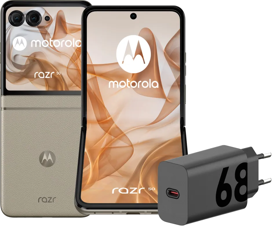 Motorola Razr 50 256GB Beige 5G +  Oplader 30W Zwart + Usb C Kabel 1m Zwart