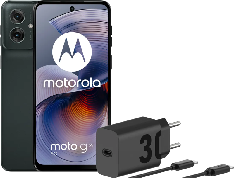 Motorola Moto G55 256GB Zwart 5G +  Oplader 30W Zwart + Usb C Kabel