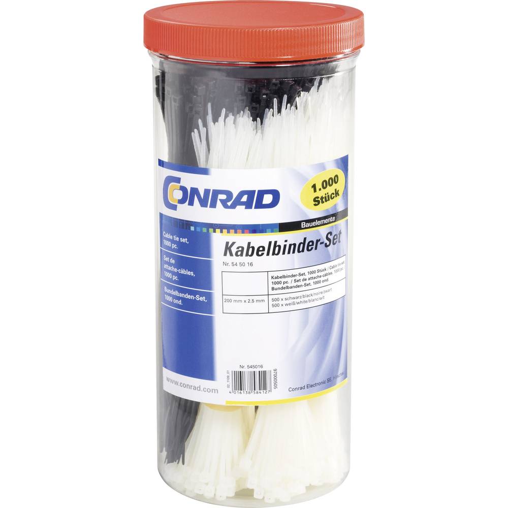 Conrad Components 545016 28530c209 Kabelbinder 200 mm 2.50 mm Zwart, Natuur 1000 stuk(s)