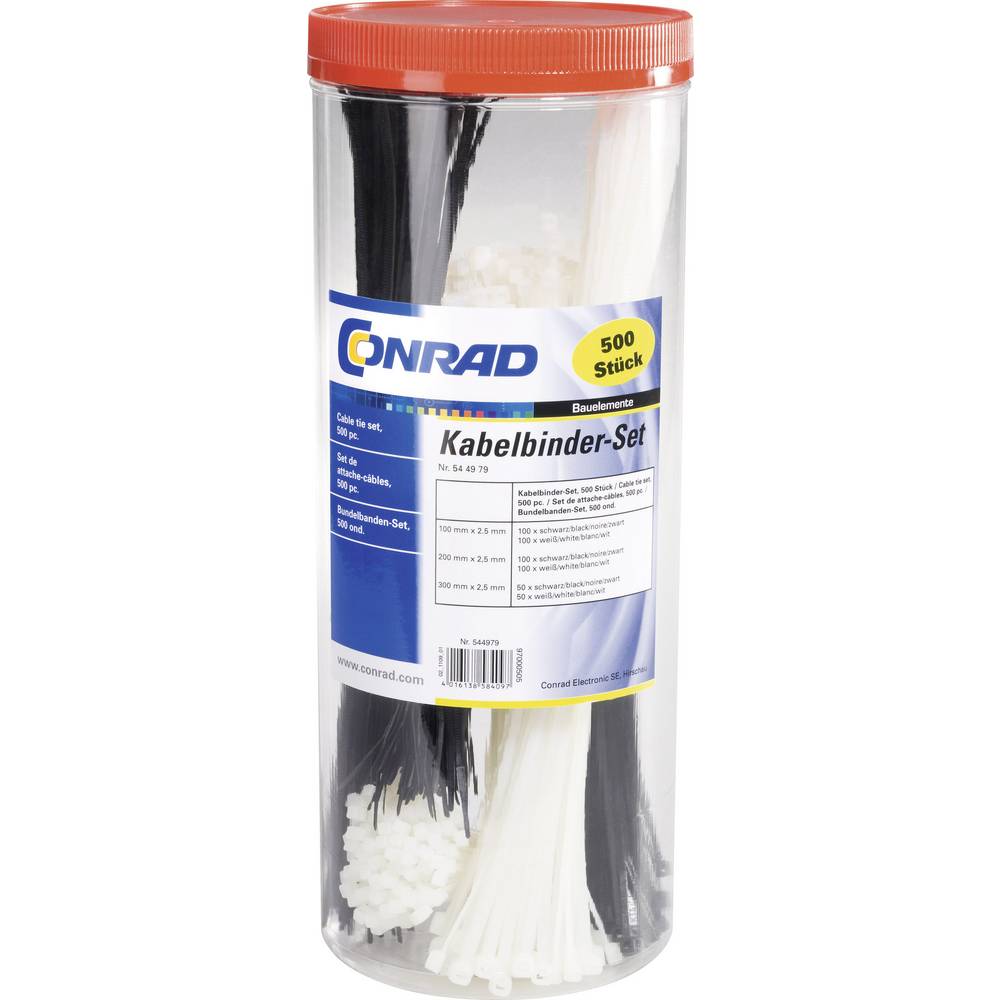 Conrad Components 544979 Kabelbinder 100 mm, 200 mm, 300 mm 3.60 mm Zwart, Natuur 500 stuk(s)