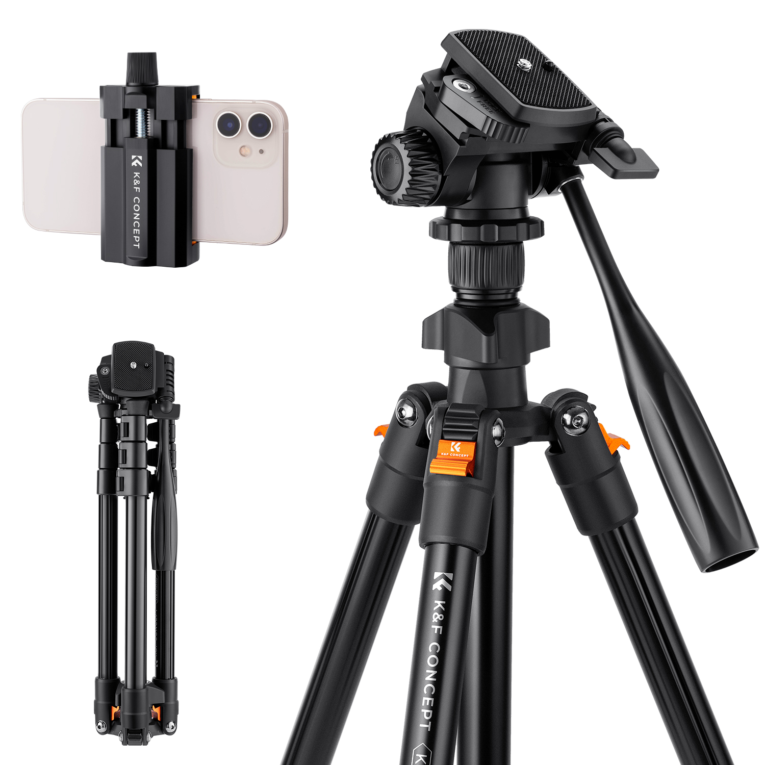 K&F Concept Statief 162cm met videohead en telefoonhouder