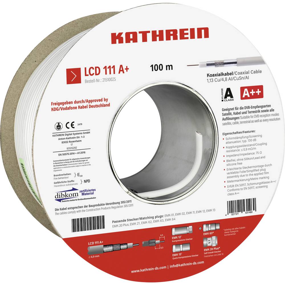 Kathrein 21510027 Coaxkabel Buitendiameter: 6.9 mm 75 Ω Wit per meter