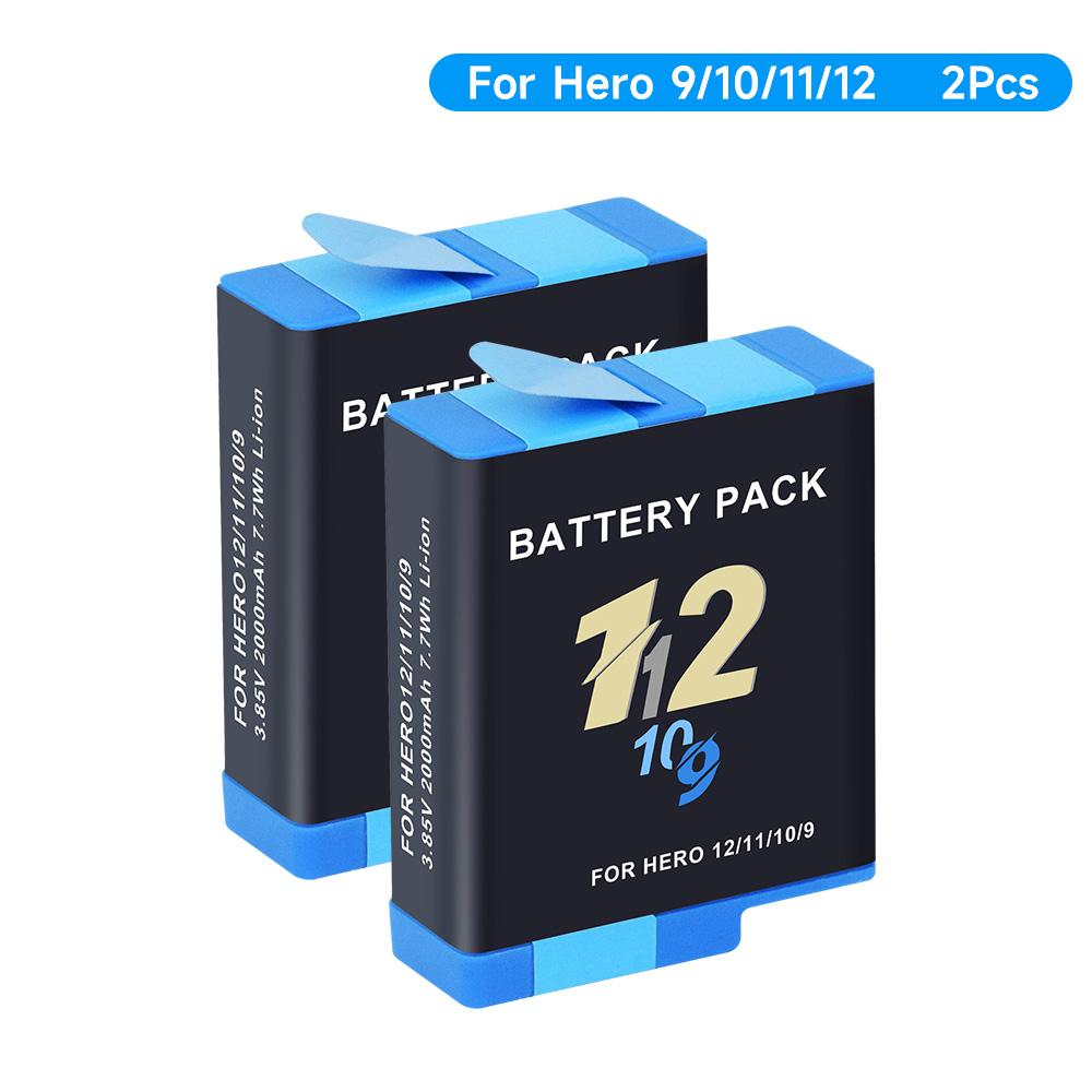 PALO Gopro Hero 12 11 10 9 camerabatterij 2000 mAh Li-ionbatterij met hoge capaciteit 7,7 Wh oplaadbare batterij met batterijopbergdoos 2Pcs