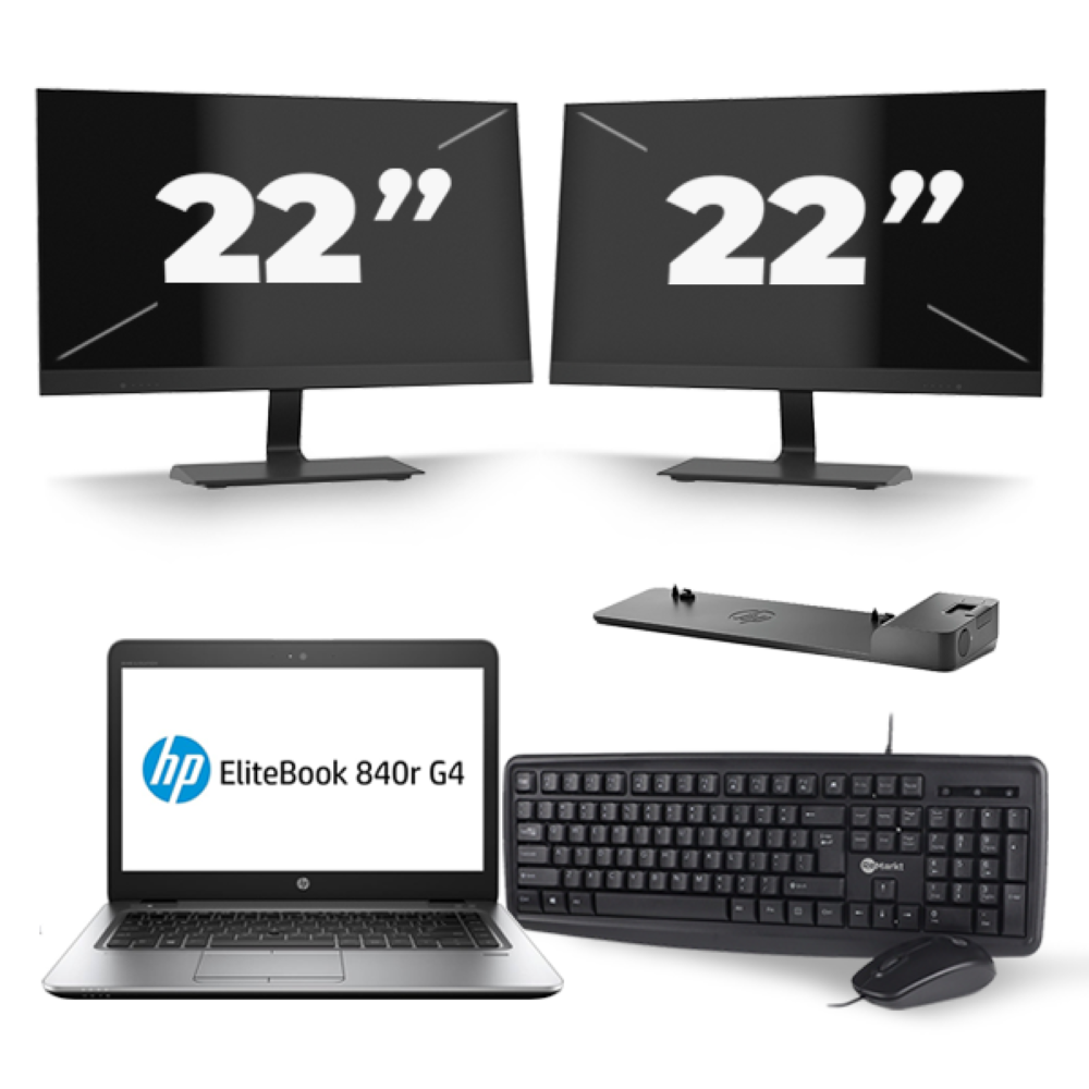 HP EliteBook 840r G4 - Intel Core i5-7e Generatie - 14 inch - 8GB RAM - 256GB SSD - Windows 11 + 2x 22 inch Monitor