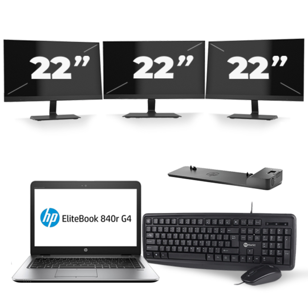 HP EliteBook 840r G4 - Intel Core i5-7e Generatie - 14 inch - 8GB RAM - 256GB SSD - Windows 11 + 3x 22 inch Monitor
