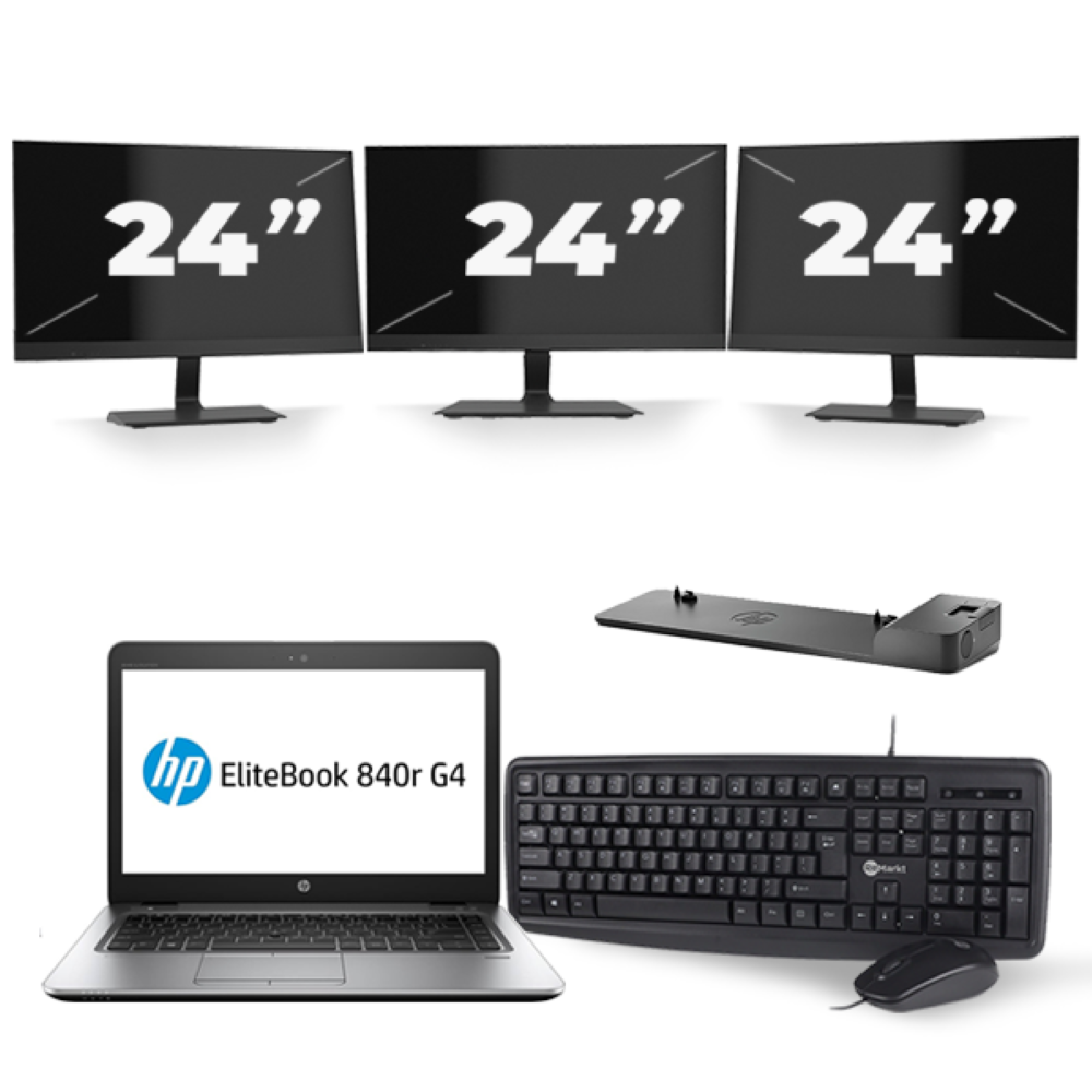 HP EliteBook 840r G4 - Intel Core i5-7e Generatie - 14 inch - 8GB RAM - 256GB SSD - Windows 11 + 3x 24 inch Monitor