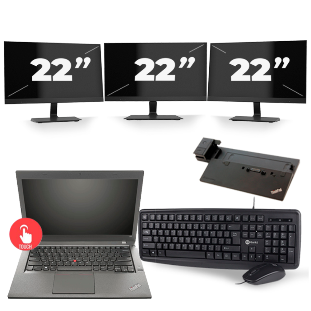 Lenovo ThinkPad T440s - Intel Core i5-4e Generatie - 14 inch - Touch - 8GB RAM - 256GB SSD - Windows 11 + 3x 22 inch Monitor