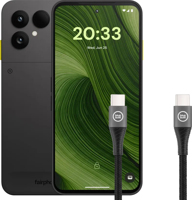 Fairphone 6 256GB Zwart 5G + BlueBuilt Usb C naar Usb C Kabel 1,5m Nylon Zwart