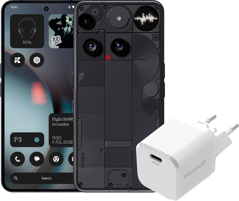 Nothing Tech Nothing Phone (3) 256GB Zwart 5G + BlueBuilt Oplader met Usb C Poort 45W Wit