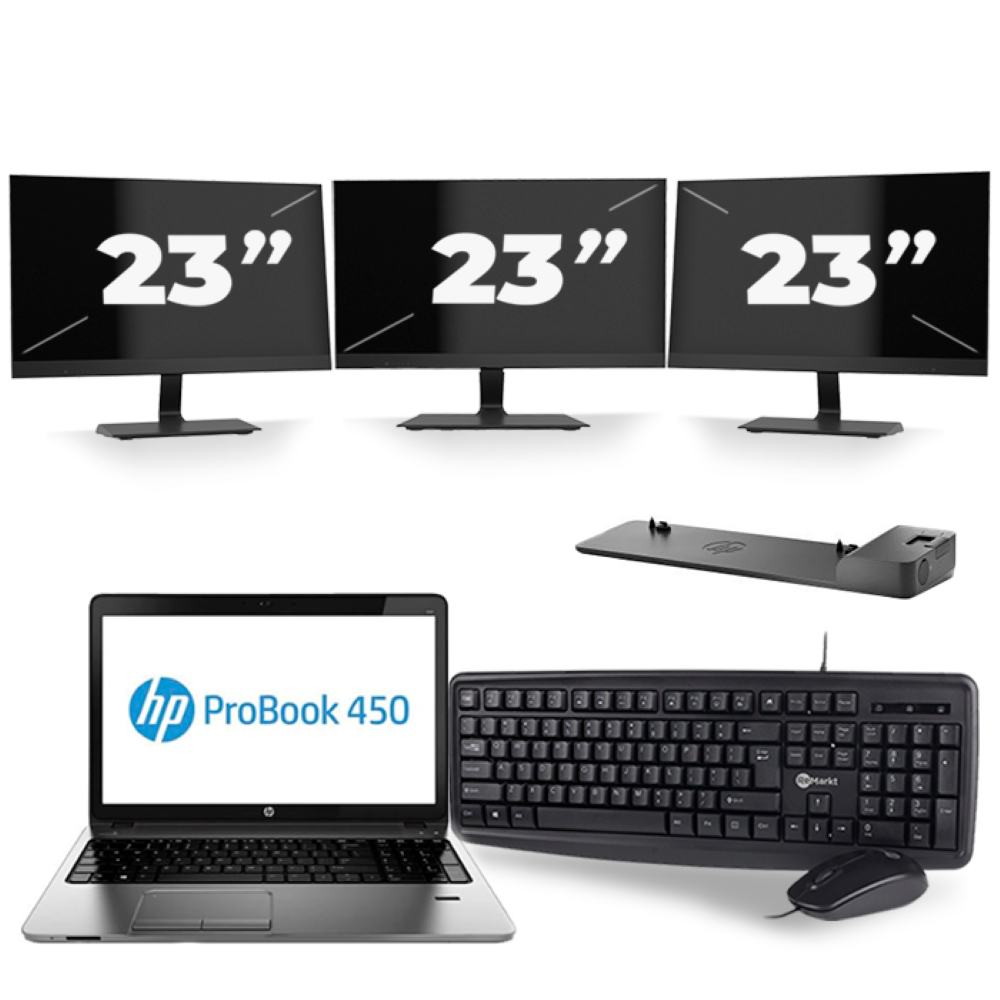 HP ProBook 450 G1 - Intel Core i5-4e Generatie - 15 inch - 8GB RAM - 256GB SSD - Windows 11 + 3x 23 inch Monitor