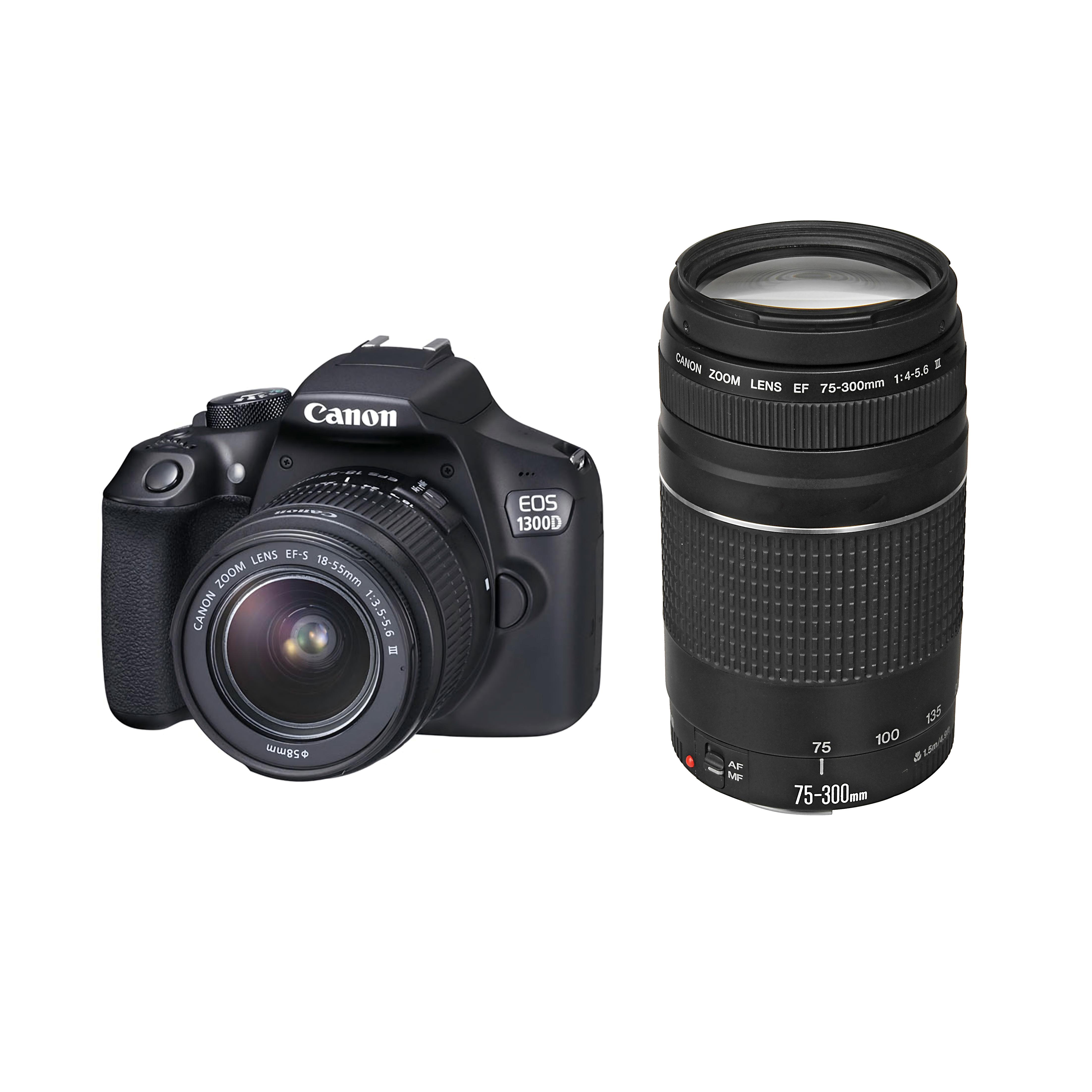 Canon EOS 1300D DSLR-camera + EF-S 18-55mm f/3.5-5.6 IS III + EF 75-300mm f/4-5.6 III Zoomlens zwart
