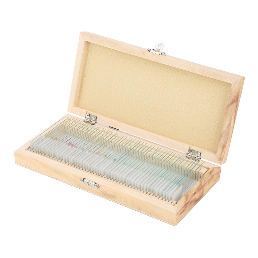 Neoglint 50 stuks Biologie Glas Geprepareerde Microscoopplaatjes Lab Specimens Met Houten Doos