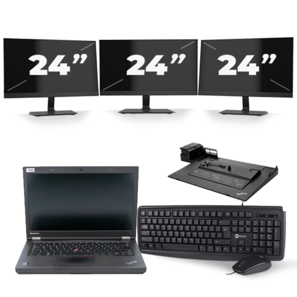 Lenovo ThinkPad T440p - Intel Core i5-4e Generatie - 14 inch - 8GB RAM - 256GB SSD - Windows 11 + 3x 24 inch Monitor