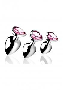 Pink Heart Gem Anal Plug Set - Silver