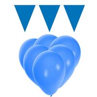 Fun & Feest party gadgets Blauwe versiering 15 ballonnen en 2 vlaggenlijnen