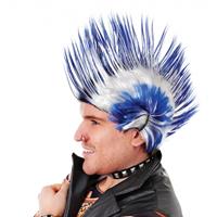 Bellatio Punker hanenkam pruik blauw en wit