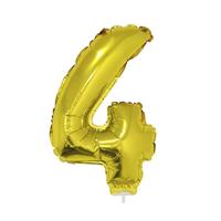 Gouden opblaas cijfer ballon 4 op stokje 41 cm - Ballonnen