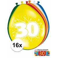 Shoppartners Ballonnen 30 jaar van 30 cm 16 stuks + gratis sticker