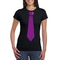 Shoppartners Zwart t-shirt met paarse stropdas dames Zwart