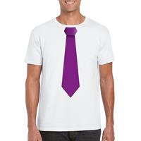 Shoppartners Wit t-shirt met paarse stropdas heren Wit