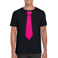 Shoppartners Zwart t-shirt met roze stropdas heren Zwart