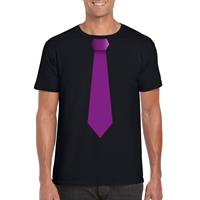 Shoppartners Zwart t-shirt met paarse stropdas heren Zwart