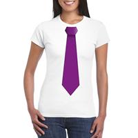 Shoppartners Wit t-shirt met paarse stropdas dames Wit